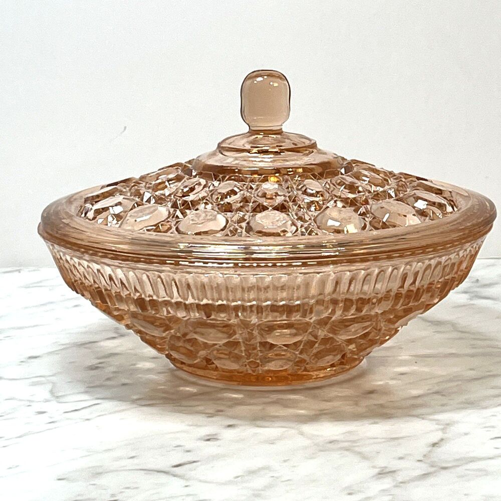 Indiana Glass Windsor Pink Peach Ballad Cane & Button Design Candy Dish & Lid - Picture 14 of 15